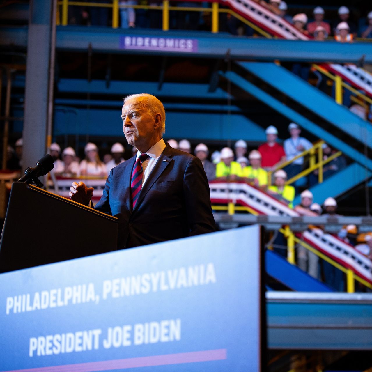 President Biden delivers a speech at Philly Shipyard in Philadelphia on Thursday, part of a campaign to get voters more optimistic about the economy.