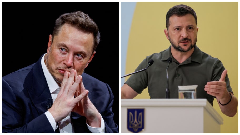 Musk gestures as he attends the Viva Technology conference (L). Ukrainian President Volodymyr Zelensky speaks at the press conference after the opening session of Crimea Platform conference in Kyiv (R).