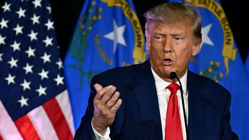 PHOTO: President and 2024 Republican Presidential hopeful Donald Trump speaks at a Republican volunteer recruitment event at Fervent, a Calvary Chapel, in Las Vegas, July 8, 2023.